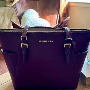 Michael Kors Deep Burgundy Leather Tote with Gold Hardware